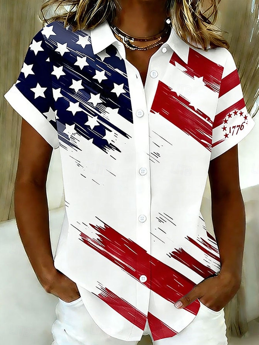 Koszula damska na Dzień Niepodległości Ameryki krótki rękaw graficzna flaga vintage stylowa casual kołnierzyk zwykła góra codzienna biała czerwona lato wiosna 2026 - $26.99 –P2