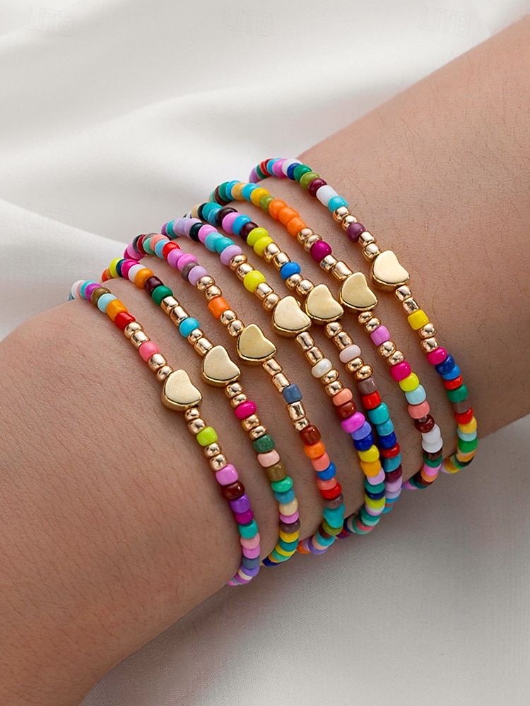 Boho-Armbandset für Damen, farbenfrohe Stretcharmbänder aus Kunstharz mit Herzanhänger, mehrfarbiger, stapelbarer Schmuck für Damen, perfekt für Alltag, Urlaub, Strand und Partys 2026 - $7.99 –P2