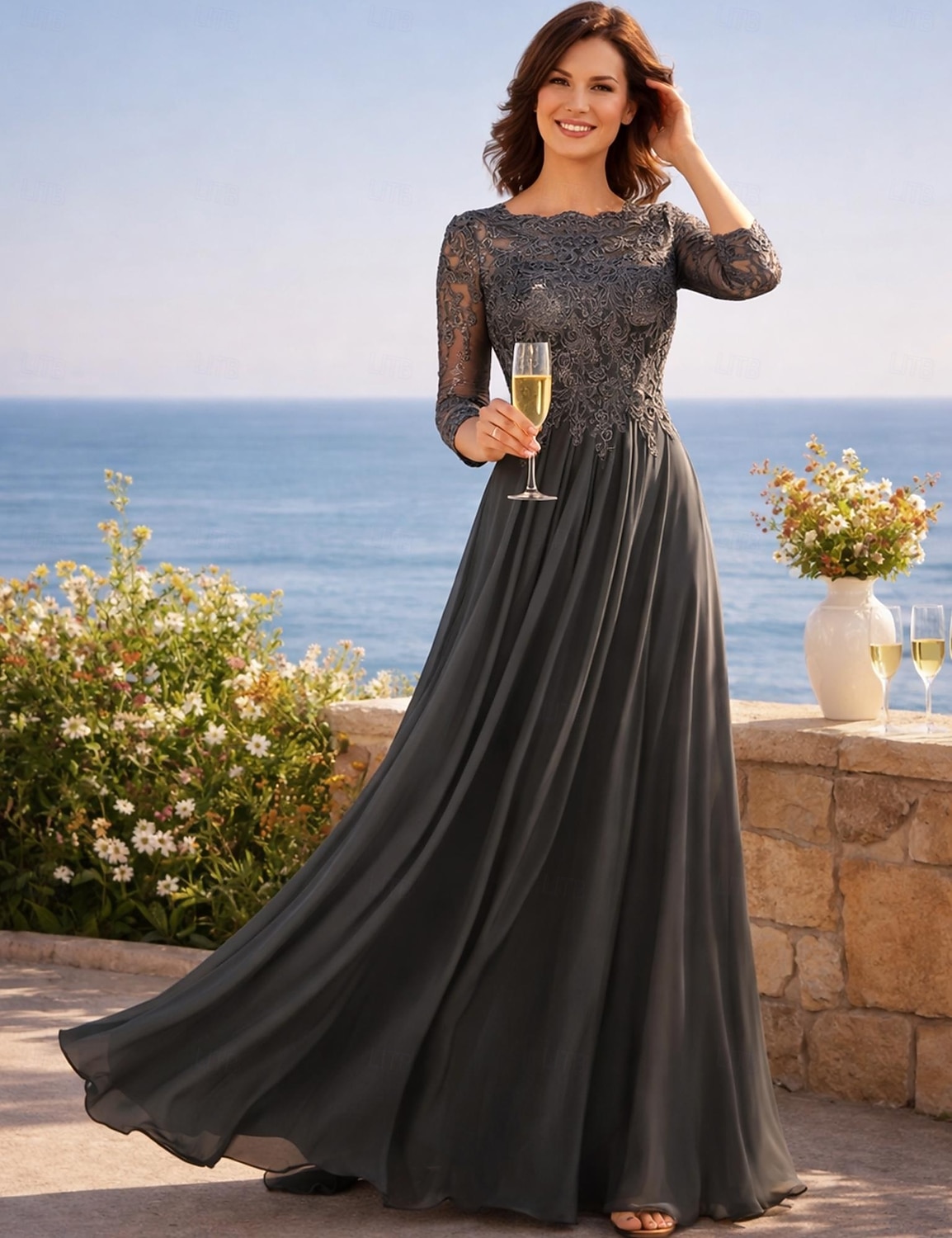 A-Linie Bodenlänge Hochzeitsgastkleid Formelle Kleider Abendkleid Brautmutterkleid 3/4-Ärmel Rundhalsausschnitt Elegant formell Hochzeitsgast mit Falten Solid Color 2026 - $195.99 –P3