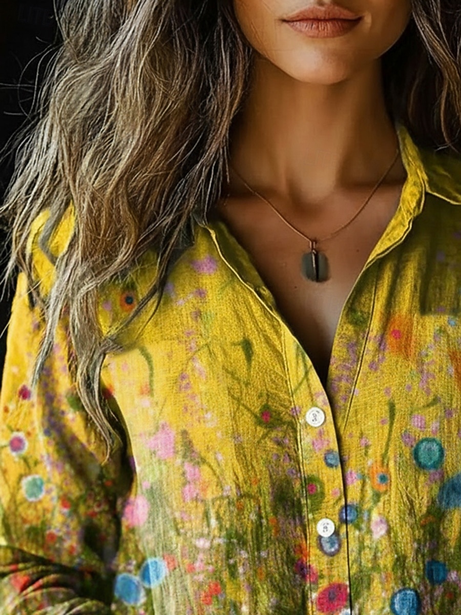 Mujer Camisa Lino de algodón sintético Botones Estampado Floral Graphic Bohemia Activo Casual Manga Larga Cuello Camisero Tops regulares Diario Festivos Amarillo Primavera Otoño 2026 - $35.99 –P2