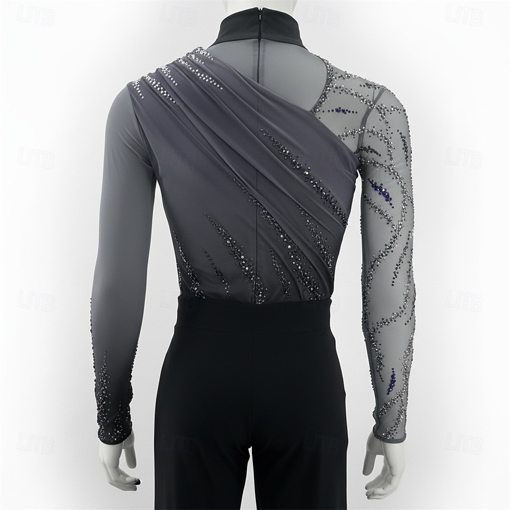 توب للتزلج الفني على الجليد رجالي تزلج على الجليد كنزات رمادي بقع قابل للبسط التدريب منافسة ملابس التزلج كلاسيكي الكريستال / حجر الراين كم طويل التزحلق على الجليد الرقص على الجليد 2026 - $348.79 –P2