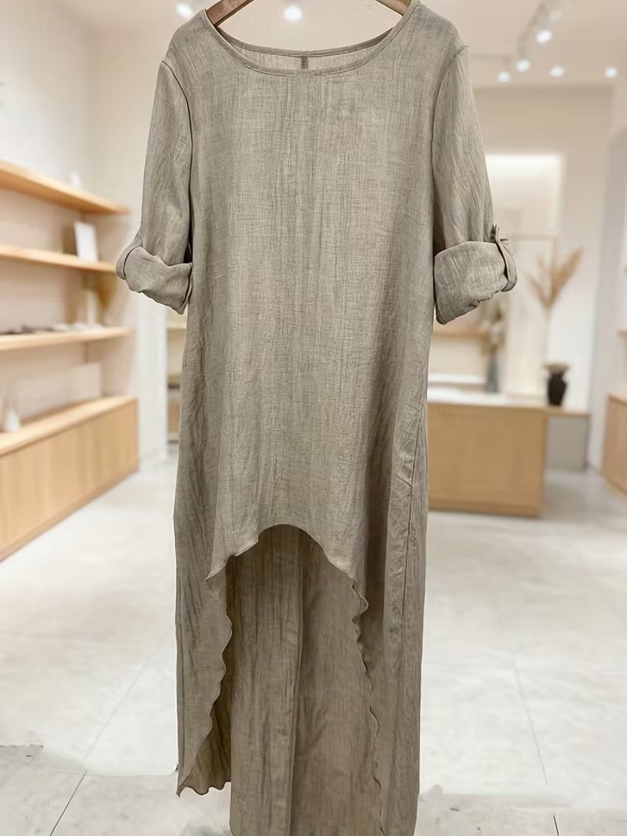 Women's Blouse Faux Linen Shirt Asymmetric Hem Solid Color Stylish Casual Long Sleeve Crew Neck Long Tops Daily White Apricot Gray Summer Spring Fall 2026 - $33.99 –P2