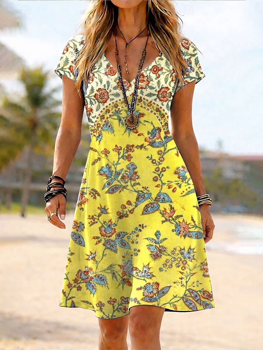 Mulheres Vestido no Joelho Vestidos Para o Verão Vestido T shirt Vestido A Line Férias Casual Boho Praia Normal Floral Gráfico Manga Curta Decote V Azul Amarelo Rosa Verde Verão Primavera de 2026 por $24.99 –P1