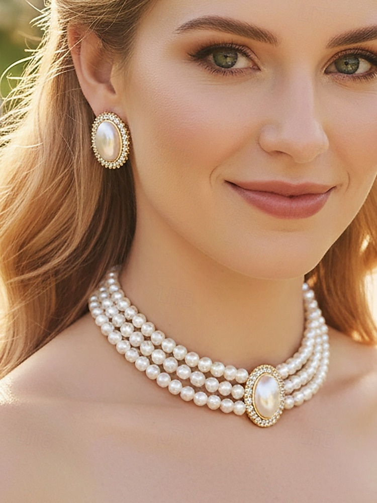 Женский комплект из ожерелья и сережек из искусственного жемчуга, винтажное элегантное многослойное колье-чокер с овальным кулоном, классические свадебные украшения для свадьбы, вечерних вечеринок и торжественных мероприятий. 2026 - $11.99 –P4