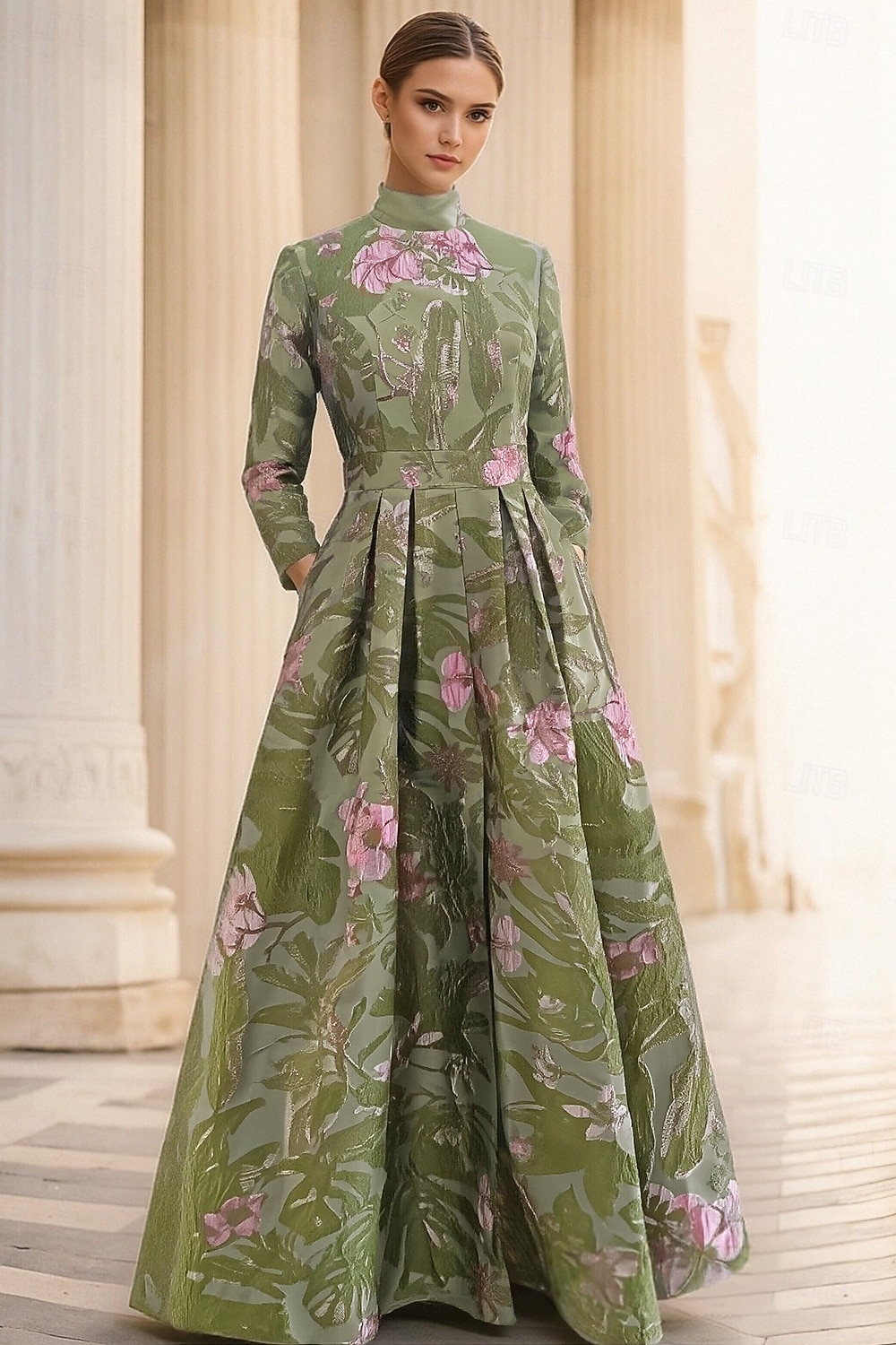 A-الخط طول الأرض فساتين السهرة أنيق عتيق كم طويل رقبة عالية زفاف رسمي نايلون مع انقسام جيبة 2026 - $186.99 –P1