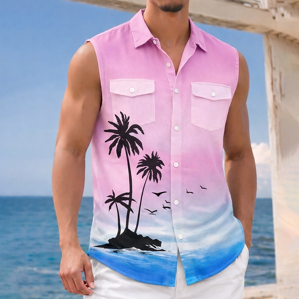 Per uomo Albero di Cocco Colore sfumato Piante Tropicali Camicia Camicia hawaiana estiva Camicia Aloha Senza Maniche Resort Vacanza al Mare Estate Primavera Collo ripiegato Stampa 3D Due tasche del 2026 a $25.99 –P1