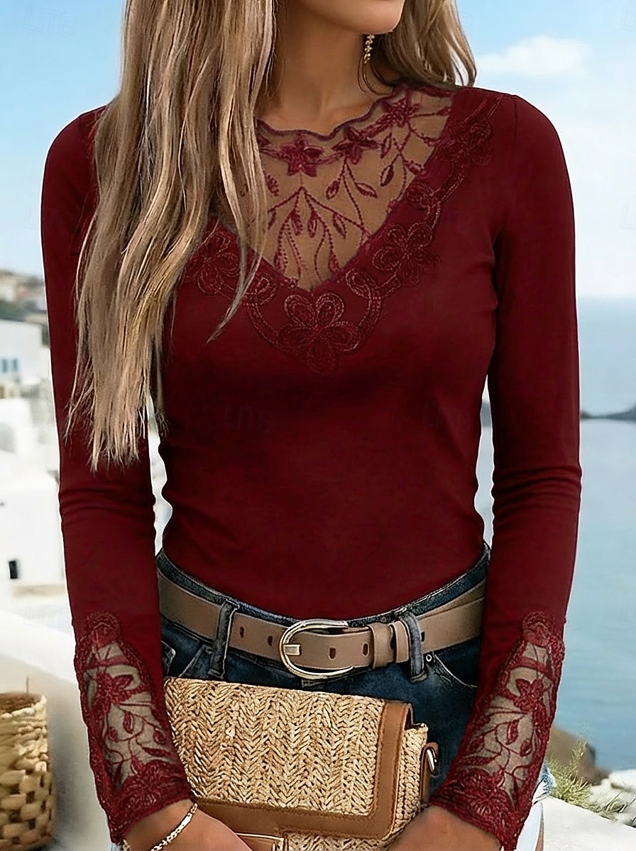 Mujer Camiseta Camiseta burdeos Top de patchwork de malla Camiseta de encaje Encaje Retazos Floral Elegante Vintage Moda Manga Larga Escote Redondo Tops regulares Casual Fin de semana Negro Vino Azul 2026 - $23.99 –P10