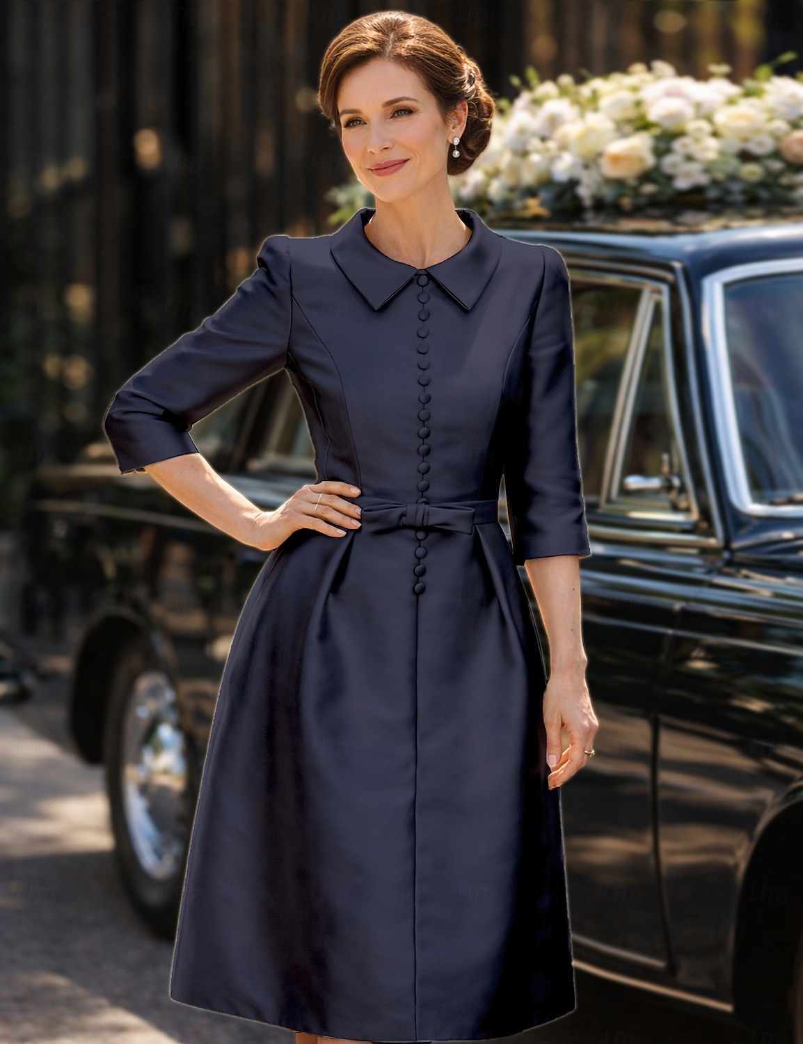 Schlauchkleid Knielang Partykleid Cocktailkleid Kleid für Hochzeitsgäste Brautmutterkleid Dreiviertelarm Hemdkragen Elegant Minimalistisch Hochzeitsgast Cocktailparty Formeller Abend Stretch Satin mit 2026 - $126.99 –P12