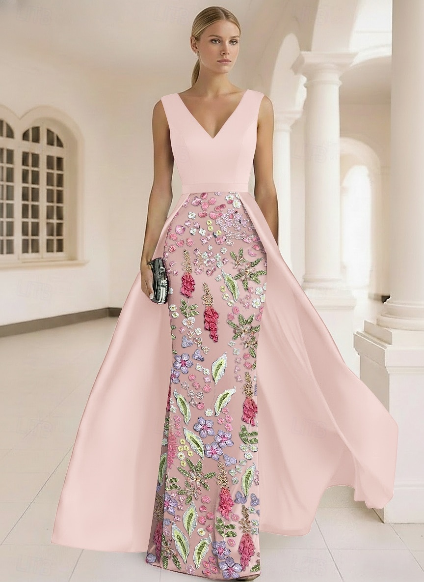 Abito da ballo Lunghezza al pavimento Abito da ballo con sopragonna Elegante Senza Maniche Scollo a V Matrimonio Formale Raso Pizzo con Fiore ricamato Fiori 3D del 2026 a $182.99 –P4