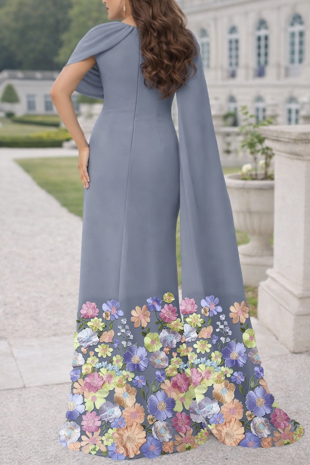 Mermaid Trumpet Sheath Column Floor Length Ball Gown with Cape Evening Gown Elegant Floral Mother Of The Bride Short Sleeve Queen Anne Garden Party Wedding Chiffon with Embroidered Flower Embroidery 2026 - $182.99 –P2