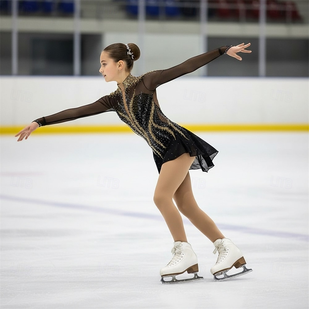 Figure Skating Dress Girls' Ice Skating Dress Black Patchwork Open Back Stretchy Training Competition Skating Wear Classic Crystal / Rhinestone Long Sleeve Ice Skating Figure Skating 2026 - $267.79 –P1
