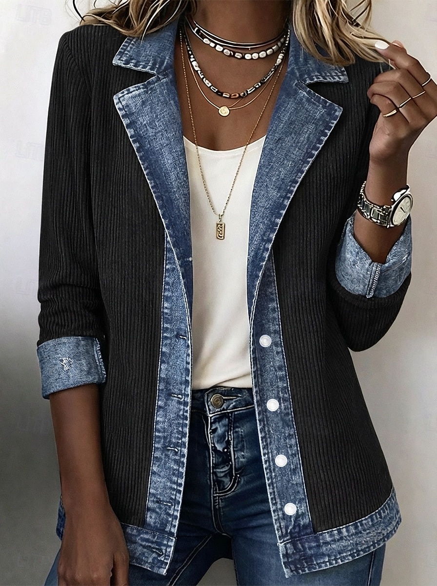 Mulheres Jaqueta de Veludo Jaqueta casual Blusão de ganga Confortável Respirável Patchwork Bloco de cor Botões Moda Casual Bloco de cor Casual Rua Roupa Diária Padrão Aberto para a Lateral Normal de 2026 por $41.99 –P1