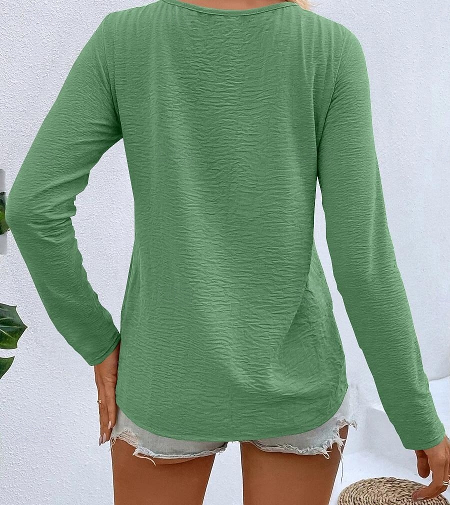 Dámské Tričko Tlačítko Přední S texturou Pevná barva Módní Na běžné nošení Dlouhý rukáv Do V Dlouhé topy Denní Jdeme ven Tmavěhnědá Travní zelená Černá Bílá Rubínově červená Jaro Podzim 2026 - $21.99 –P10