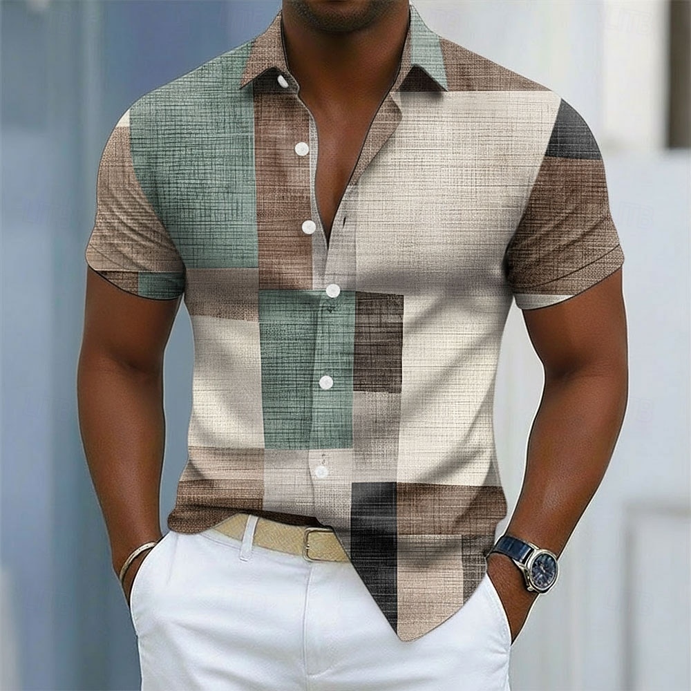 Per uomo Geometrico Blocco di colori Patchwork Camicia Camicia con Bottoni Manica Corta Moda Casual Quotidiano All'aperto Vacanza Estate Primavera Collo ripiegato Stampa 3D Camicia tipo lino Blu del 2026 a $25.99 –P1