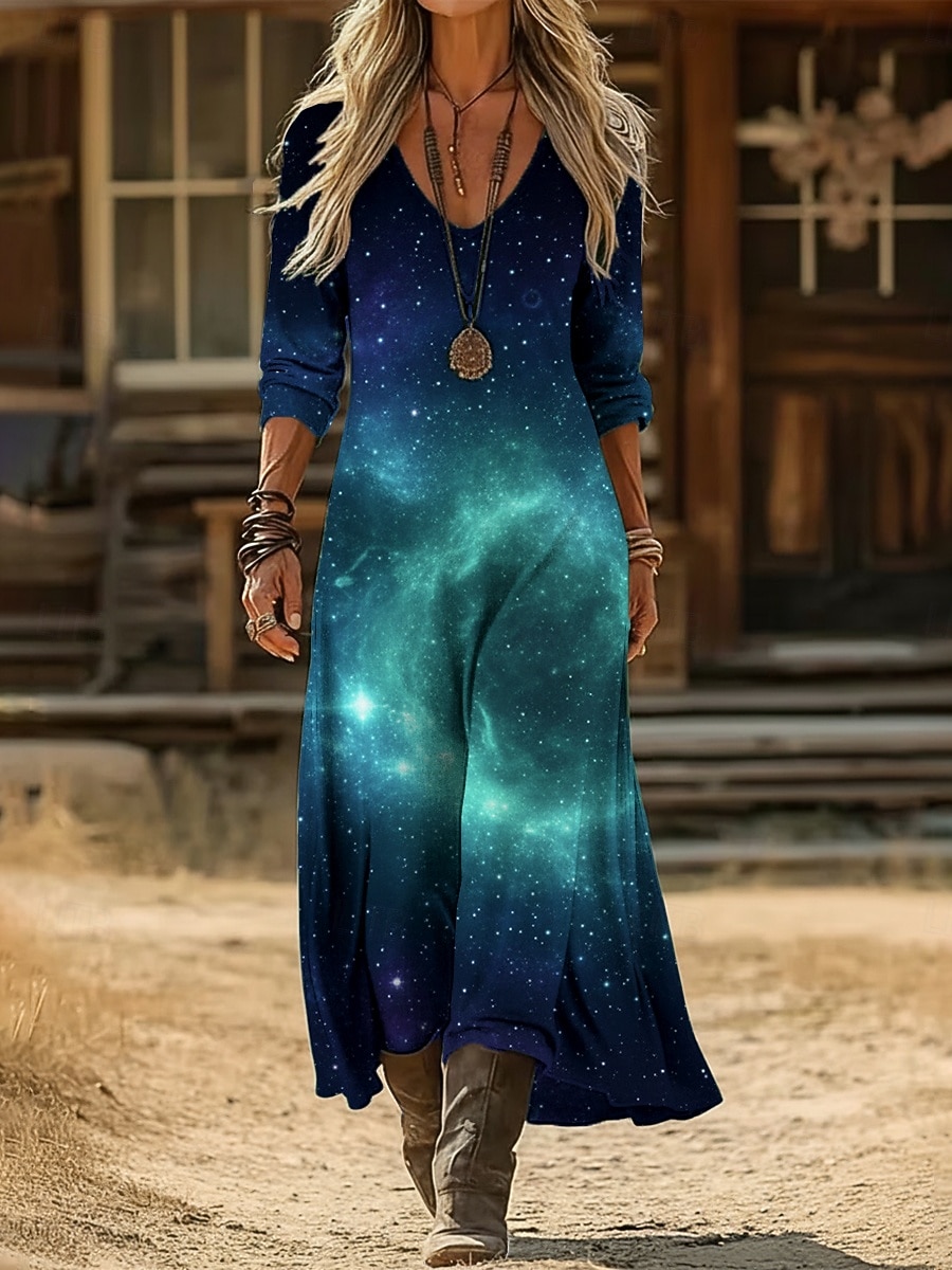 Mujer Vestido largo maxi Vestido vintage Vestido informal Vintage Diario Exterior Vacaciones Ajuste regular Galaxia Manga Larga Escote en Pico Azul Piscina Primavera Otoño 2026 - $37.99 –P1