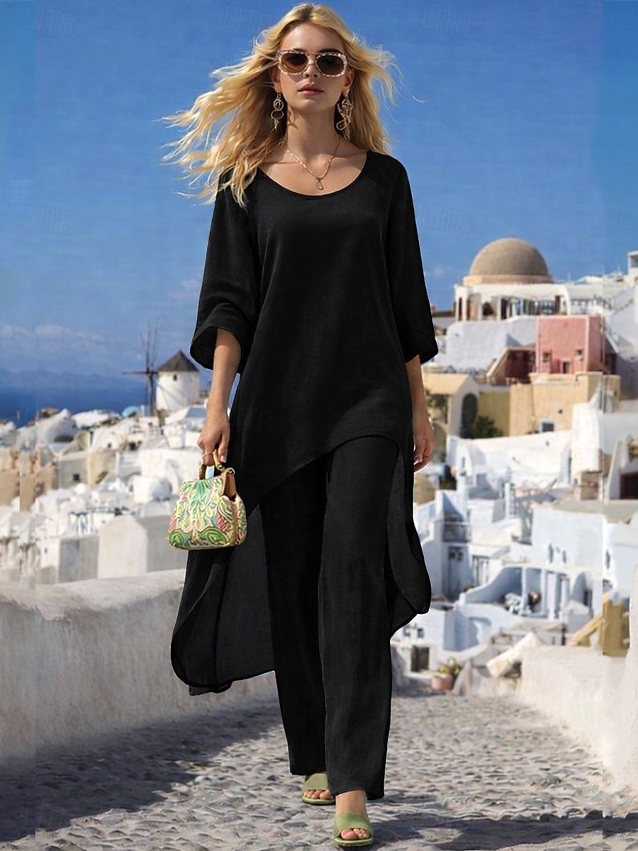 Per donna Camicie di cotone e lino Set di Pantaloni Bolero Manica Lunga Girocollo Tinta unica Moda Streetwear Casuale Quotidiano All'aperto Blu Nero Bianco Estate Vestibilità regolare del 2026 a $45.99 –P6