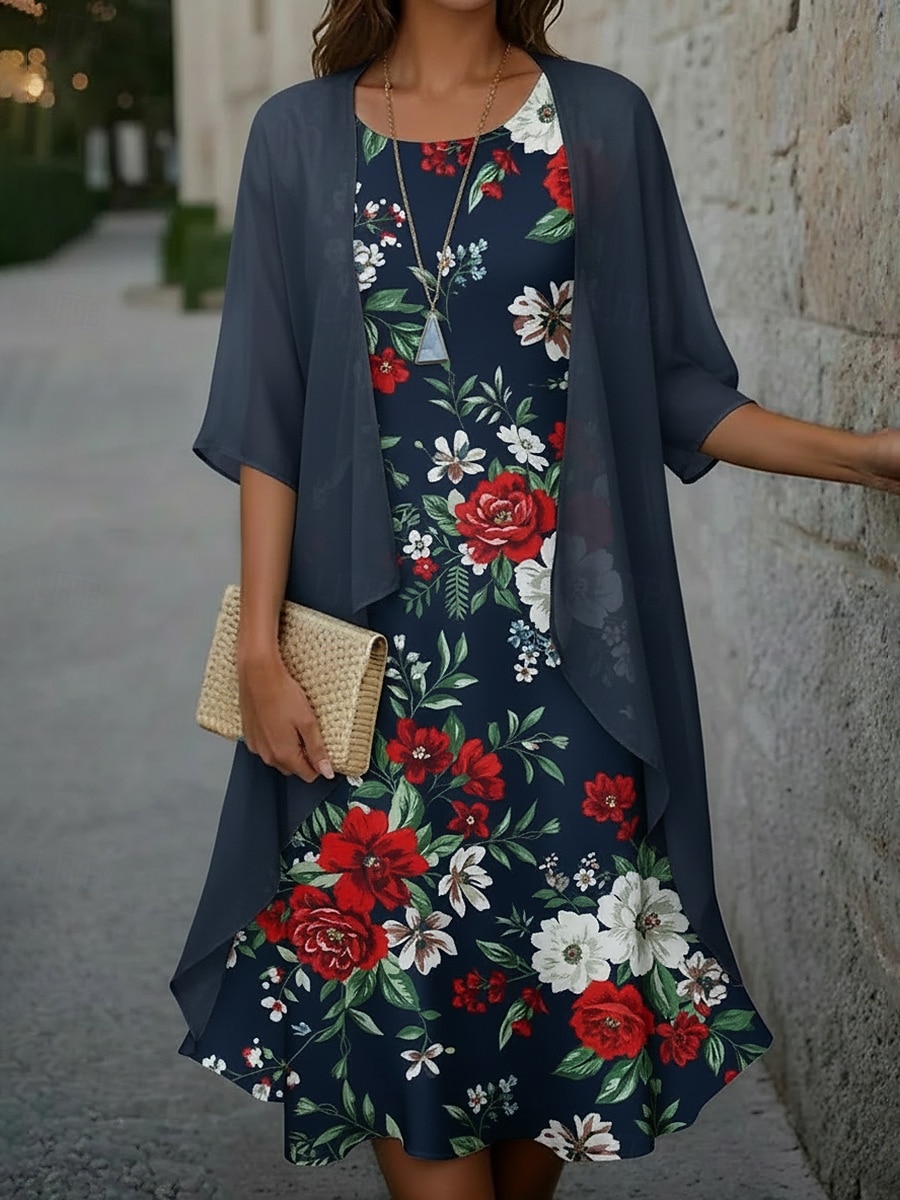 Mulheres Vestido midi Vestido casual Conjunto de vestido Elegante Moda Moderno Ao ar livre Férias Para Noite Normal Floral Manga 3/4 Gola Redonda Azul Marinha Verão Primavera Outono de 2026 por $41.99 –P1