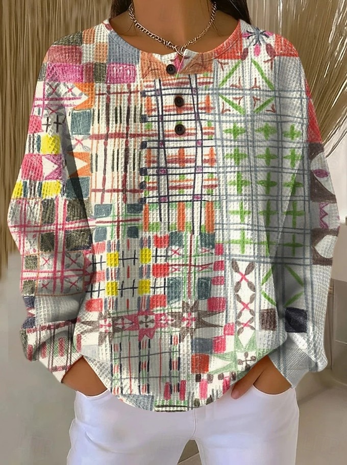 Per donna Felpe con cappuccio Bottoni Grafico Geometrico Blocco di colori Moda Casual Stampa Manica Lunga Girocollo Top Regolari Casuale Streetwear Rosa chiaro Rosa Verde Kaki Beige Estate Primavera del 2026 a $28.99 –P4