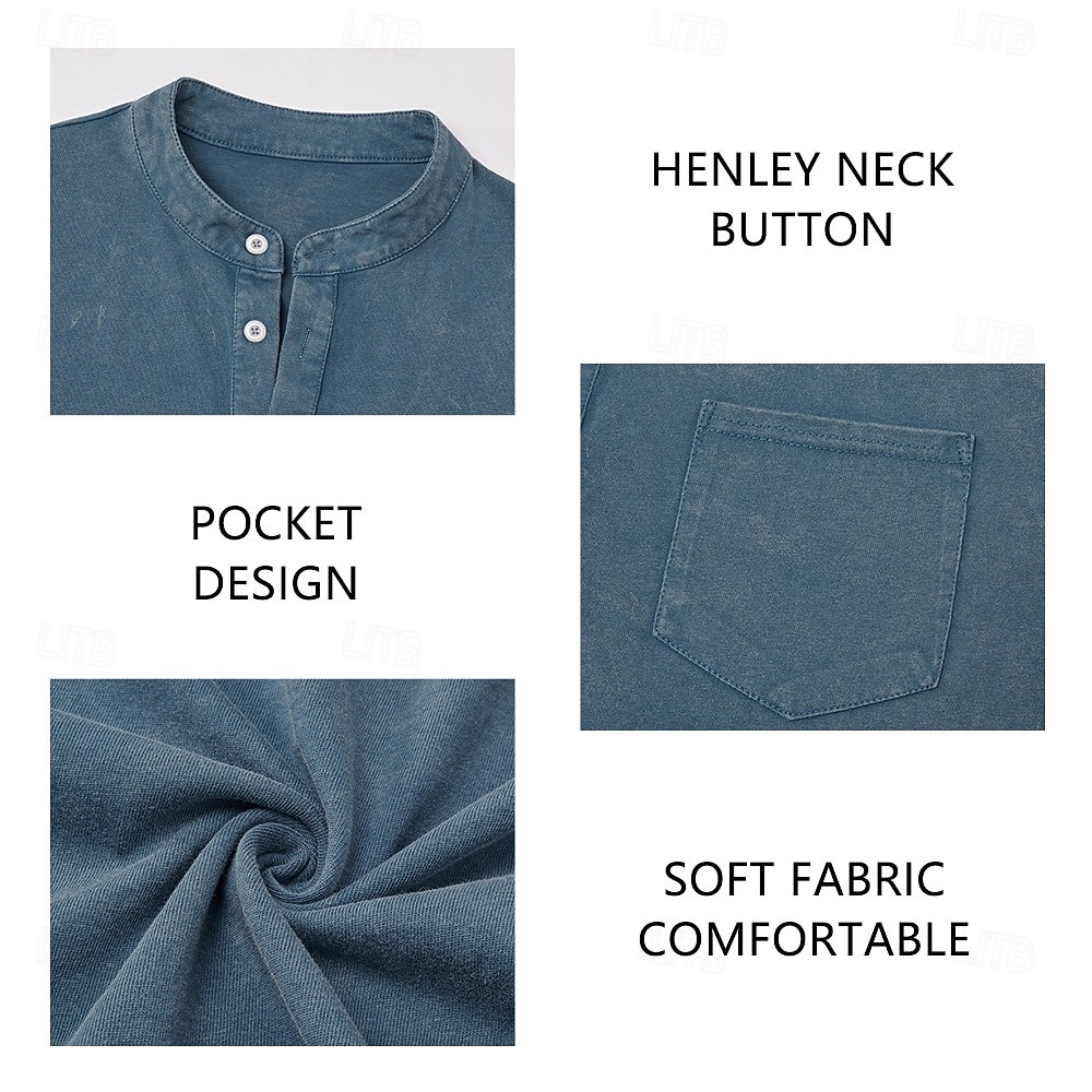 Pánské Tričko Henley Košile ze 100% bavlny Tričko Tričko Krátký rukáv Jednobarevné Retro Na běžné nošení Retro styl Barvení oděvů Vybledlý Henley Ležérní Léto Jaro Podzim Světlá růžová Šedá Tričko 2026 - $31.99 –P10