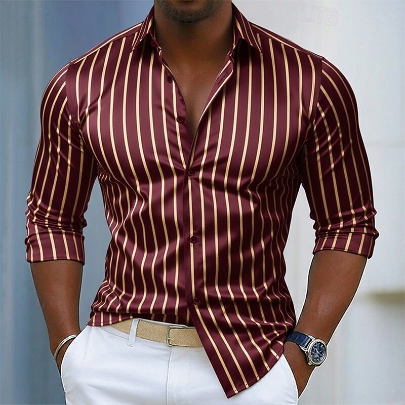 Homens Camisa Social Blusa de cetim Saia camisa de botão Camisa de formatura Tiras verticais O negócio Casamento Preto Vinho Azul Marinha Verde Manga Longa Aberto para a Lateral Todas as Estações de 2026 por $31.99 –P4