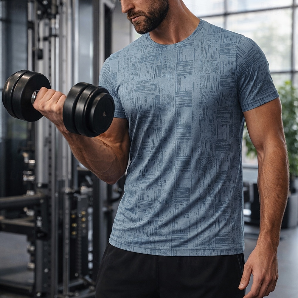 رجالي منقوش   متقلب تيشيرت للجري قميص ضاغط قميص رياضي قمة الرياضة الصيف كم قصير سريع جاف رطوبة فتل متنفس تمرين نادي رياضي المشي الركض أزرق سكني غامق مشمشي ملابس رياضية ألبسة رياضية 2026 - $18.99 –P5