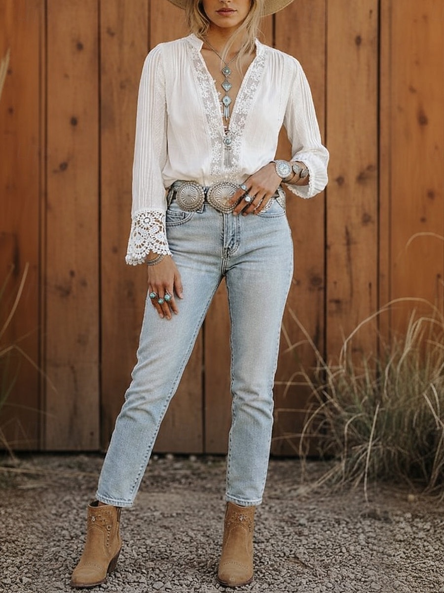 בגדי ריקוד נשים חולצה חולצות תחרה תחרה אחיד מודרני יום יומי שרוול ארוך צווארון V חולצות רגילות חגים ליציאה לבן קיץ 2026 - AU $85.39 –P1