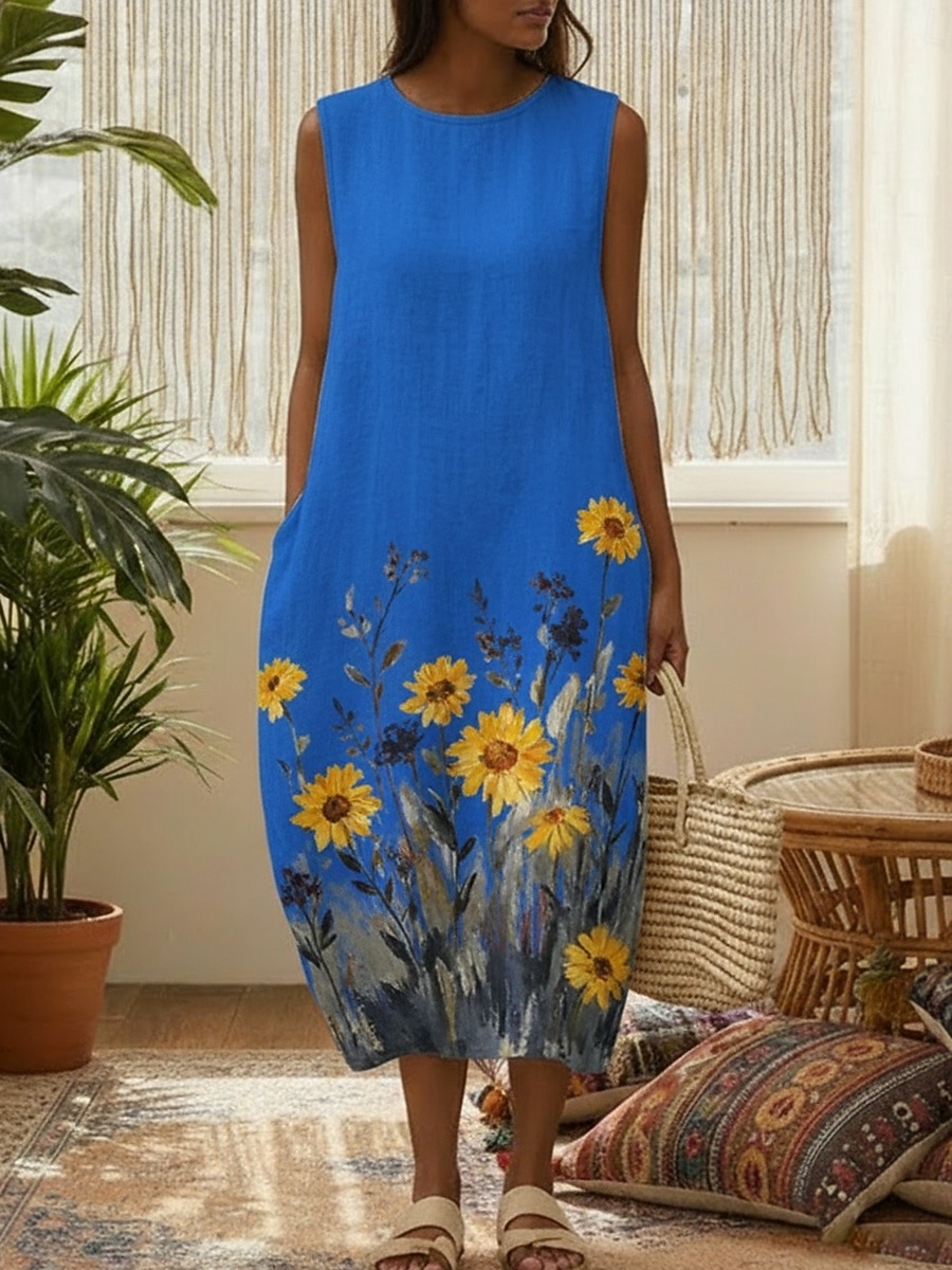 Per donna Abito Midi Finto cotone e lino Vestito Casual Vestito Estivo Abito a Tubino Vintage Quotidiano All'aperto Vacanza Vestibilità regolare Floreale Girasole Senza Maniche Girocollo Blu Giallo del 2026 a $37.99 –P5