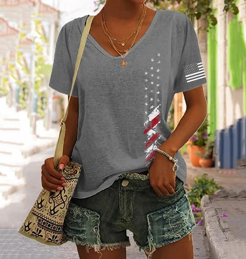 Ημέρα Αμερικανικής Ανεξαρτησίας Γυναικεία Μπλουζάκι Στάμπα Γραφική Σημαία Βίντατζ Στυλάτο Κλασσικό Κοντομάνικο Λαιμόκοψη V Κανονικά μπλουζάκια Καθημερινά Σαντρέ Μαύρο Λευκό Καλοκαίρι Άνοιξη 2026 - $21.99 –P4