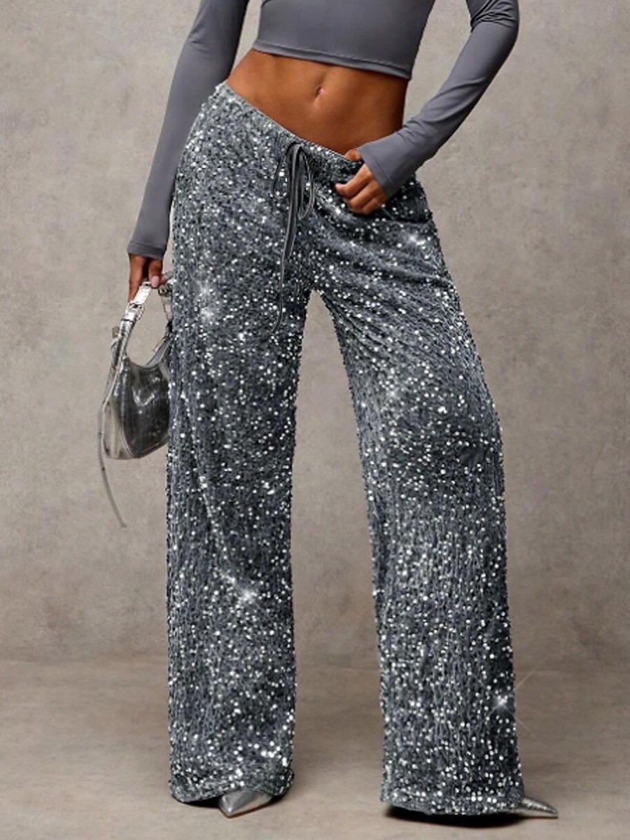Mulheres Calças Calça casual Reto Moda Roupa de rua Básico Comprimento total Cintura Alta Tecido Paetês Bolsos Cintura elástica Confortável Micro-Elástica Diário Férias Festa Preto Azul Marinha Azul de 2026 por $44.99 –P1