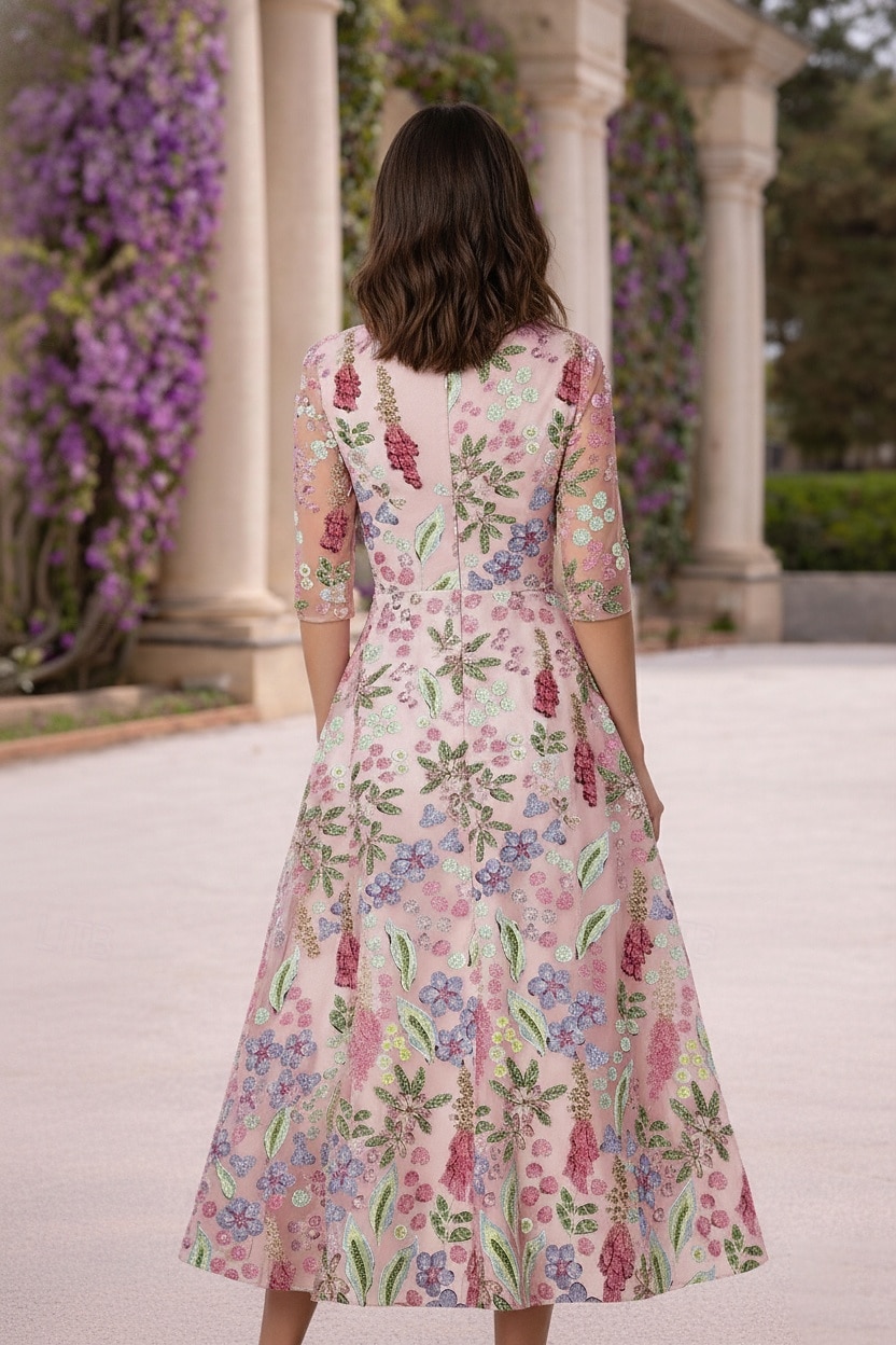 A-Line Tea Length Cocktail Dresses Elegant Vintage Floral Half Sleeve V Neck Garden Party Wedding Lace with Embroidered Flower Embroidery Pocket 2026 - $205.89 –P3