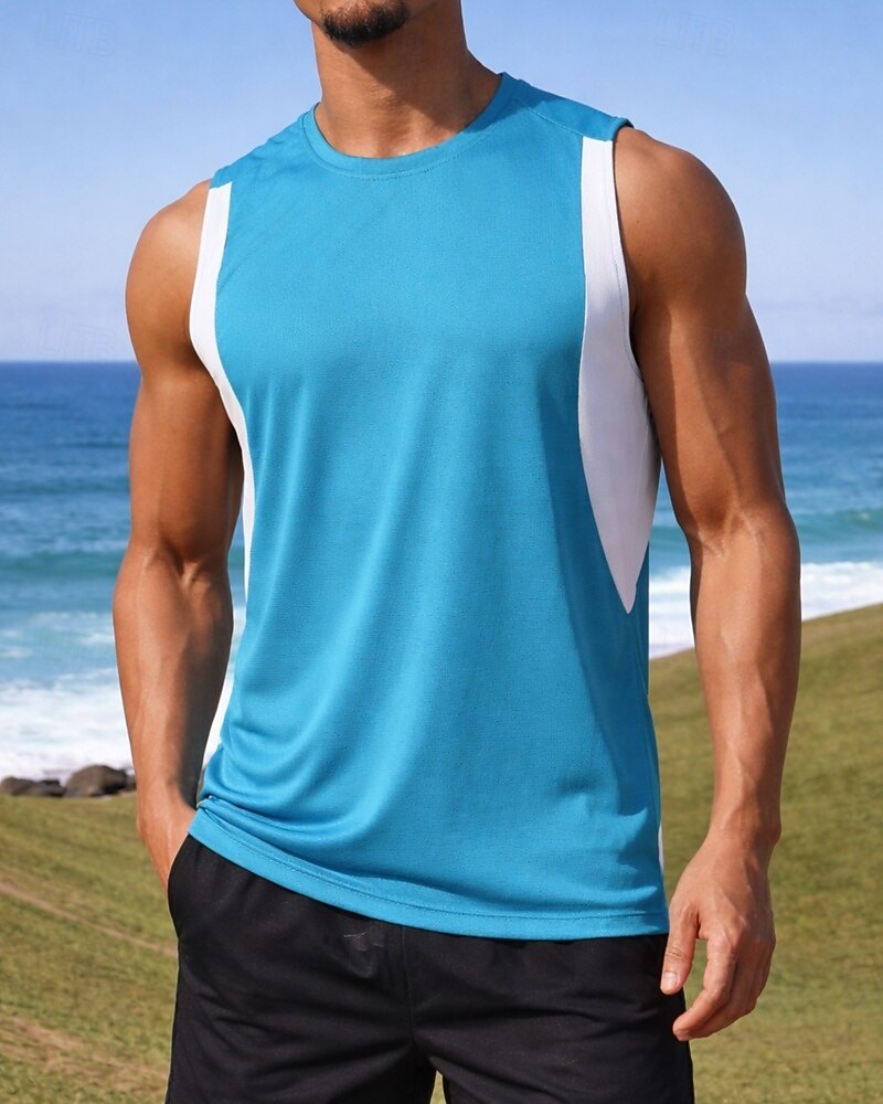 2026年 男性用 カラーブロック ワークアウトタンクトップ ランニングタンクトップ スポーツトップ 夏 パッチワーク ノースリーブ 速乾性 吸汗性 高通気性 ジムトレーニング ウォーキング ジョギング スカイブルー ダークグレイ ライトグレー スポーツウェア アクティブウェア  コレクション – $11.49 –P6