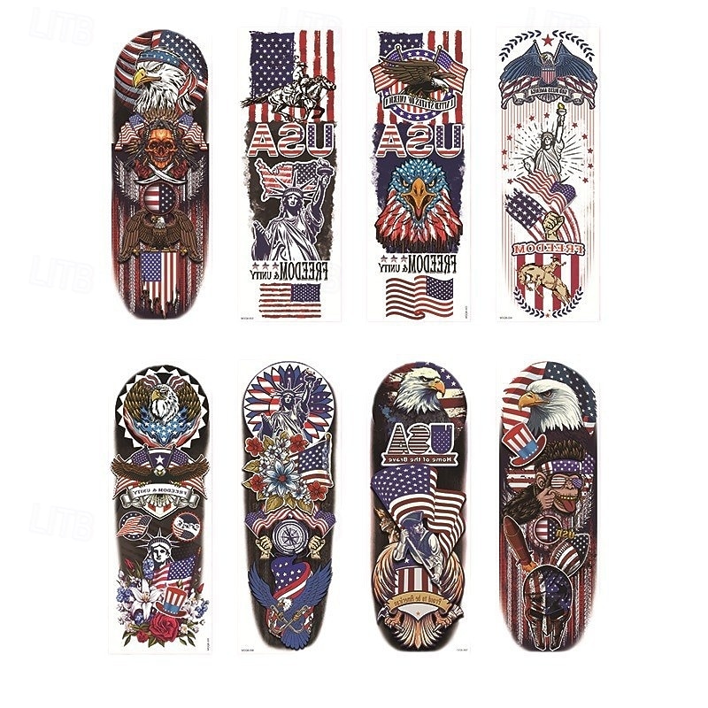 8 hojas de tatuajes temporales de brazo completo para hombres, pegatinas de tatuajes de manga con calavera y águila con la bandera patriótica de EE. UU., tatuajes falsos extragrandes e impermeables 2026 - $14.99 –P5