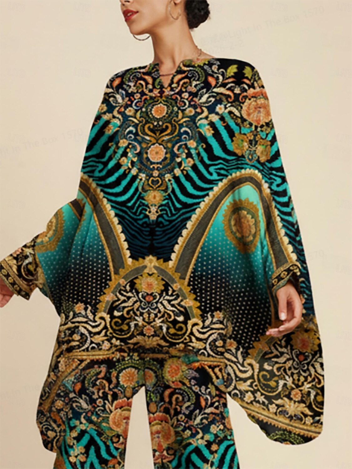 camicia in chiffon con maniche dolman con motivo vintage per le vacanze del 2026 a $91.99 –P1