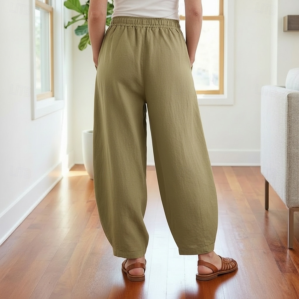 Dam Byxor av linne i bomull Kinesiska Sommarbyxor underbyxor Semester Streetwear Grundläggande Fullängd Medium Midja Slät Ficka Elastiskt midjeband Bekväm Komfort Microelastisk Dagligen Utomhus Gata 2026 - $49.99 –P9