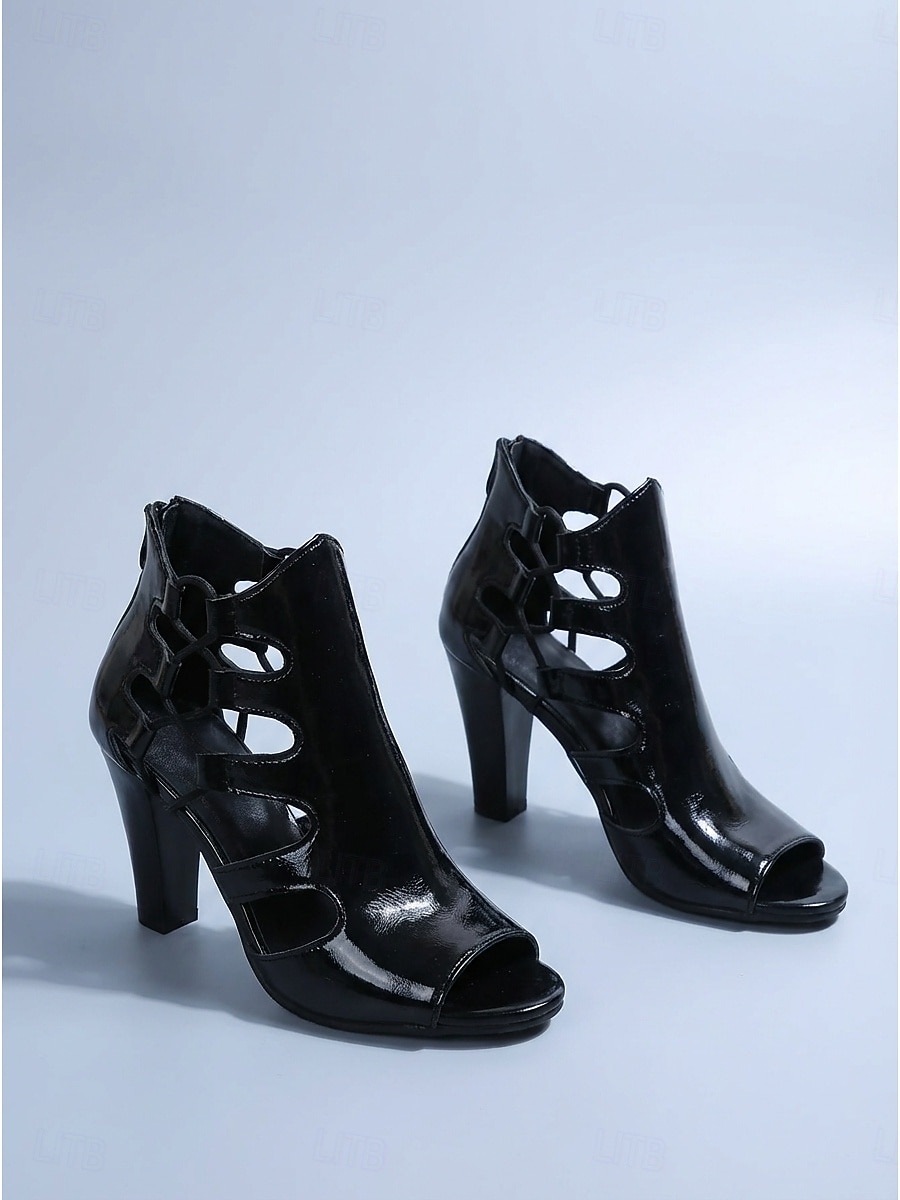 sandali con tacco da donna in similpelle verniciata nera - scarpe da festival musicali audaci con tacco a blocco spesso per Coachella e rave &concerti estivi all'aperto del 2026 a $34.99 –P2