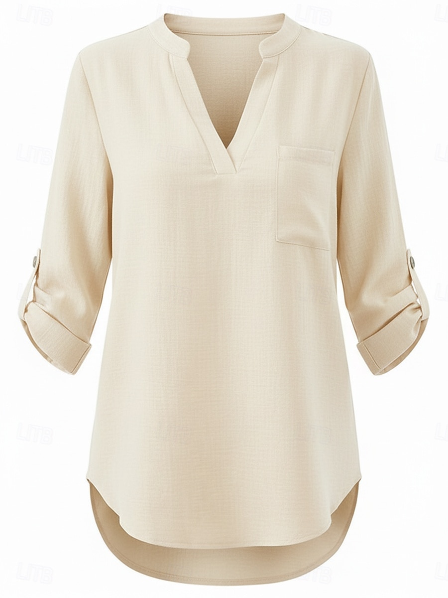 Per donna Camicie di cotone e lino Top estivi Blusa Top Eleganti Arricciato Patchwork Tasca Tinta unica Semplice Elegante Vintage Signore Manica 3/4 Colletto a Camicia Top Regolari Quotidiano Lavoro del 2026 a $22.99 –P7