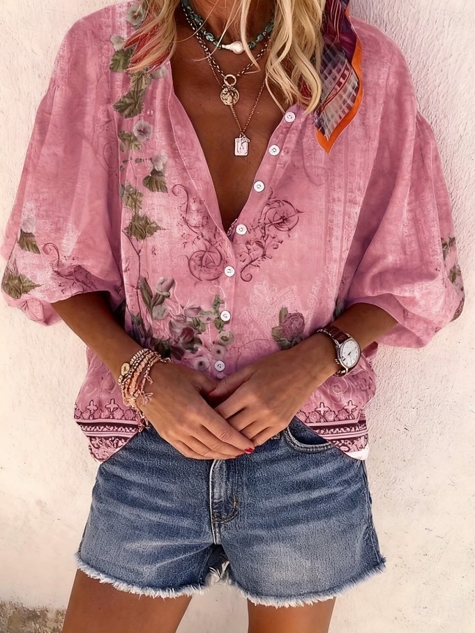 Жен. Рубашка С принтом Омбре Цветочный принт Графика Богемия Винтаж Повседневные Рукав 3/4 V-образный вырез Обычные топы Повседневные Праздники Одежда для пляжа 2026 - $42.99 –P14