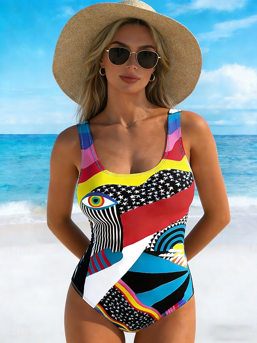 Жен. Купальники Один кусочек Высокий вырез купальник Одежда для пляжа лето Графика Геометрический принт U-образный вырез Без рукавов Купальники 2026 - $32.99 –P3