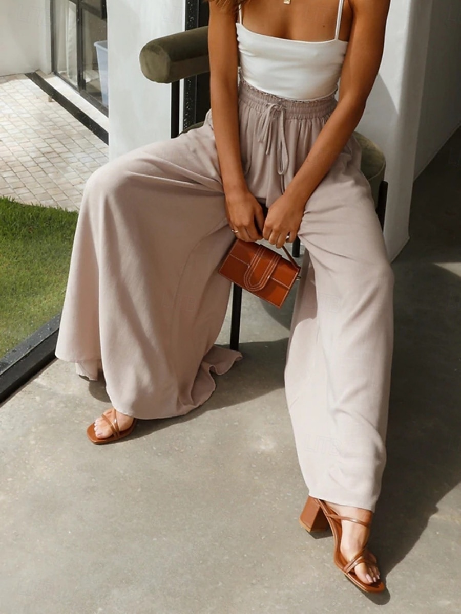 Damen Weites Bein Chinos Urlaub Mode Streetwear Volle Länge Hohe Taille Einfach Tasche Elastischer Bund Bequem Komfort Weich Dehnbar Outdoor Straße Schwarz Weiß Dunkelgrün Orange Sommer Frühling 2026 - $29.99 –P9