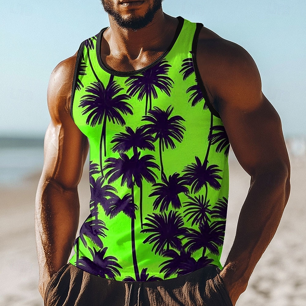 Débardeur homme, sans manches, col rond, imprimé intégral de palmiers jaunes et noirs vifs, style tropical, idéal pour les vacances à la plage. Disponible du S au XXXL. de 2026 ? $17.99 –P4