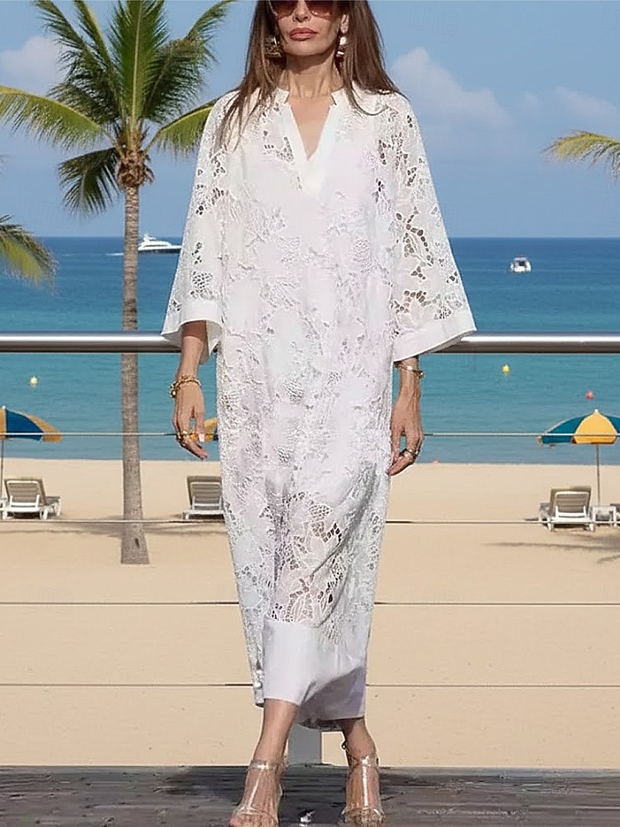 Femmes Robe maxi Robe en dentelle blanche Robe fourreau Occasionnel Quotidien Plage Coupe Ample Uni Manche 3/4 Col en V Blanche Été Printemps Automne de 2026 ? $41.99 –P1