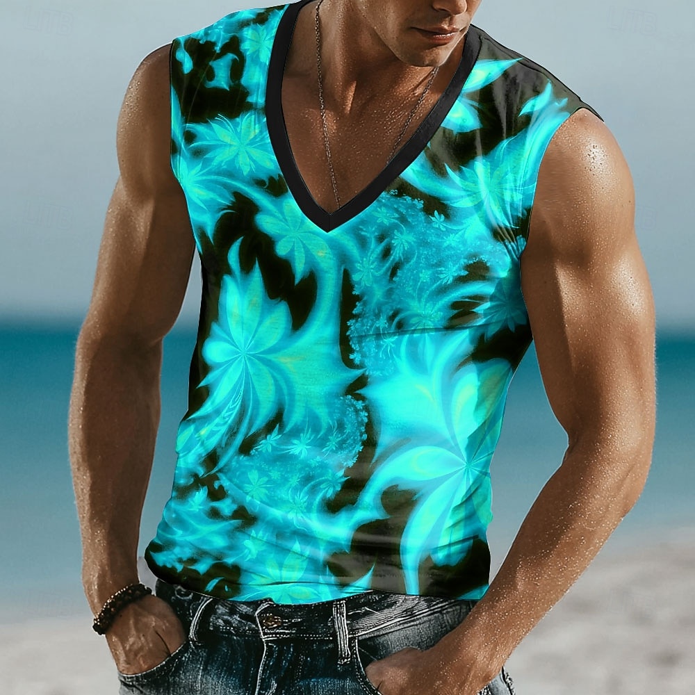 maiou bărbătesc, albastru negru, imprimeu grafic abstract, floral, psihedelic, tropical, decolteu în V, vestă, fără mâneci, vară, plajă, vacanță, streetwear, casual, sport, îmbrăcăminte, s, m, l, xl, 2026 - $17.99 –P2