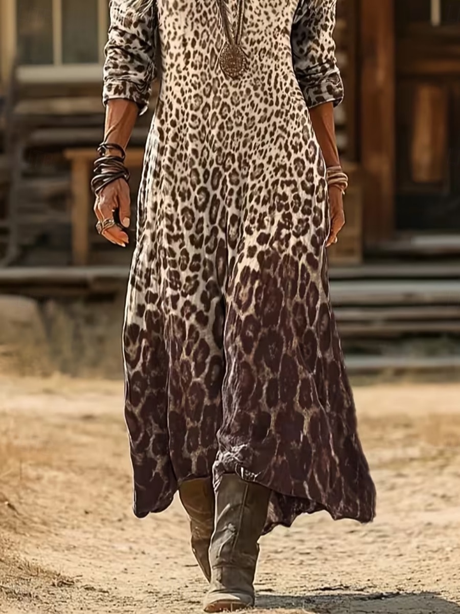 Dámské Midi šaty Boho šaty Vintage šaty Volnočasové šaty Módní Klasické Moderní Denní Venkovní Dovolená Běžný Leopard Dlouhý rukáv Do V Hnědá Jaro Podzim 2026 - $37.99 –P3
