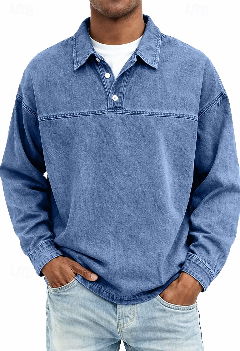 Herren Jeanshemd Baumwoll-Poloshirt Lässig Urlaub Klassisch Langarm Mode Basic Einfarbig Einfach Vintage-Stil Gewaschen Frühling Winter Frühling & Herbst Normale Passform Schwarz Hellgrün Rosa 2026 - $33.99 –P6