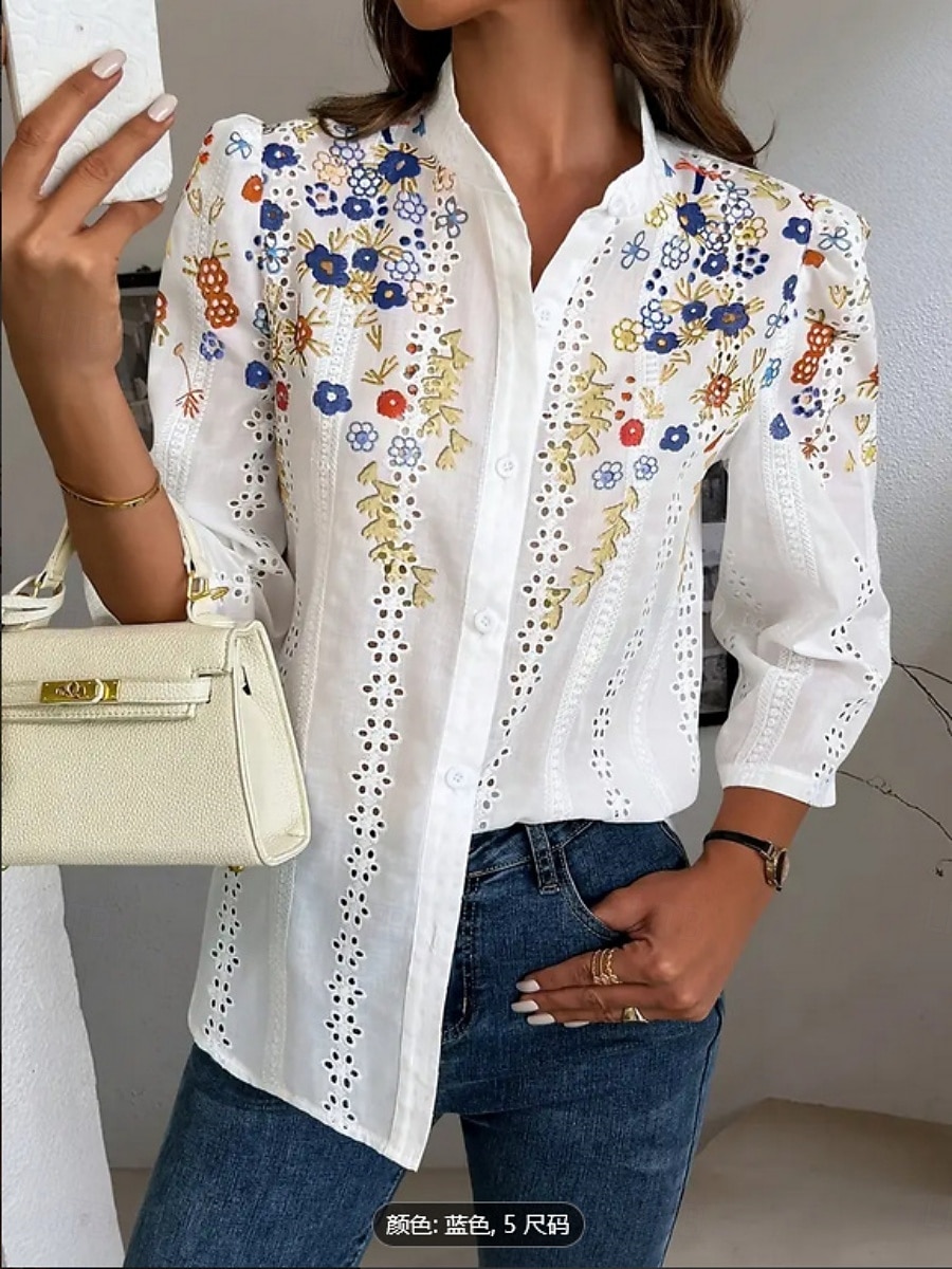 Women's Blouse Embroidered Print Floral Stylish Casual Long Sleeve V Neck Mandarin Collar Regular Tops Daily Blue Red Green Summer Spring Fall 2026 - $35.99 –P6