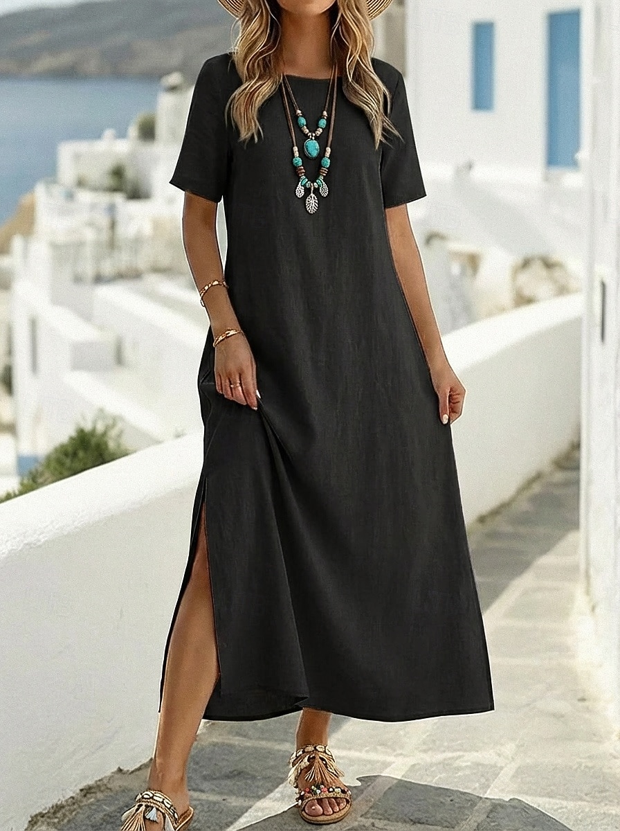 Mujer Vestido maxi 100% Algodón Vestido de verano Vestido blanco vestido de playa Básico Casual Diario Exterior Holgado Plano Media Manga Cuello Barco Ejercito verde Negro Blanco Vino Verano 2026 - $27.99 –P3