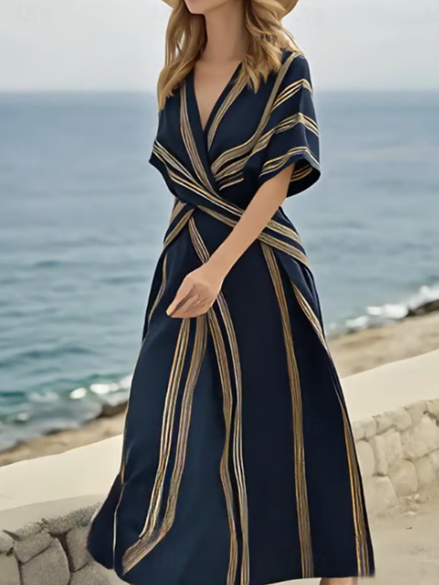Mujer Vestido Midi Vestido de una línea Vacaciones Casual Exterior Noche Ajuste regular Raya Manga Corta Escote en Pico Azul marinero Amarillo Azul cielo Beige Verano Primavera 2026 - $41.99 –P3