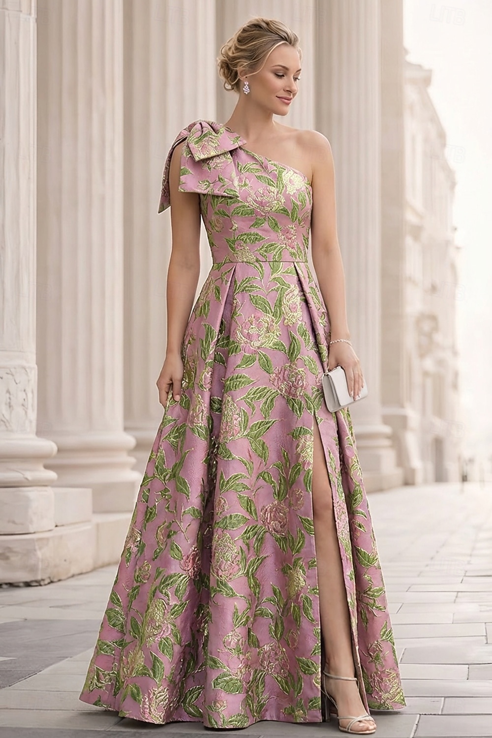Linea ad A Lunghezza al pavimento Abito da Sera Elegante Senza Maniche Monospalla Matrimonio Formale Tasca Jacquard Shiena scoperta con Fiocco/Fiocchi Pieghe Spacco del 2026 a $154.79 –P1