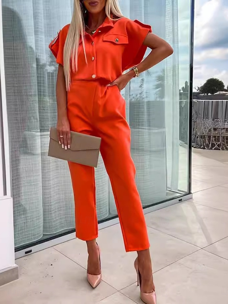 Femmes Normal Combinaison Actif Couleur Unie Manche Courte Col de chemise Boutons Quotidien Vacances Coupe régulière Noir Fuchsia Orange Été de 2026 ? $39.99 –P9