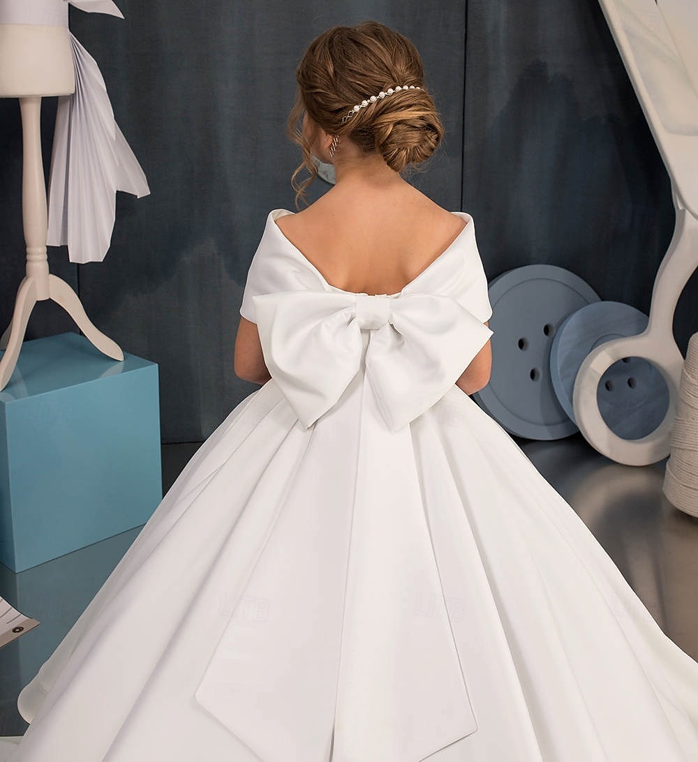 Ball Gown Sweep Brush Train Flower Girl Dress First Communion Girls Cute Prom Dress Satin with Bow(s) Elegant Fit 3-16 Years 2026 - $80.99 –P2